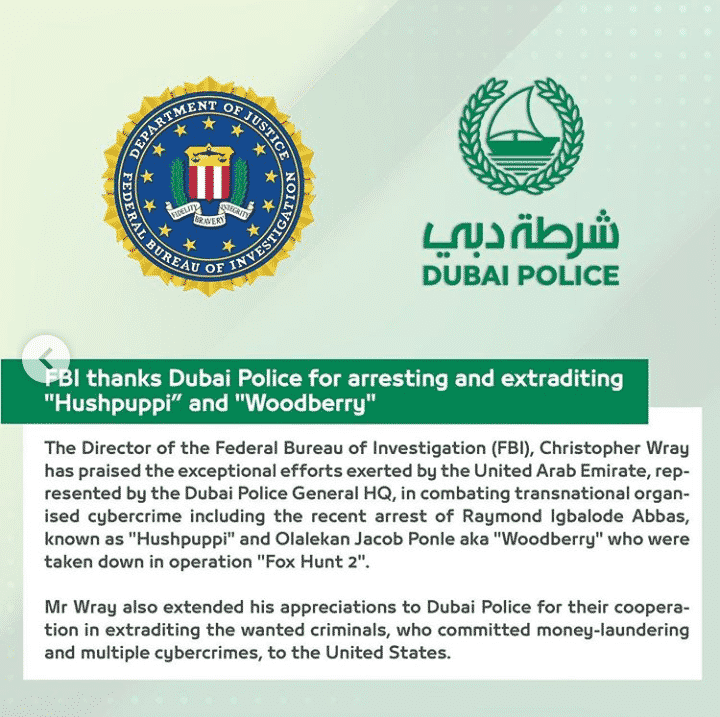 Screenshot of FBI thanking Dubai Police for arresting Hushpuppi and woodberry